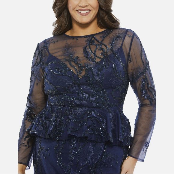 NWT $498 Mac Duggal [ PLUS 18W ] Embellished Peplum‎ Midi Sheath Dress Blue - Picture 2 of 15